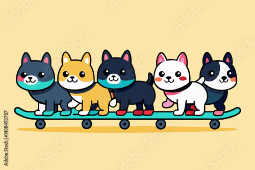 Five Cute Cartoon Dogs Riding a Skateboard Together