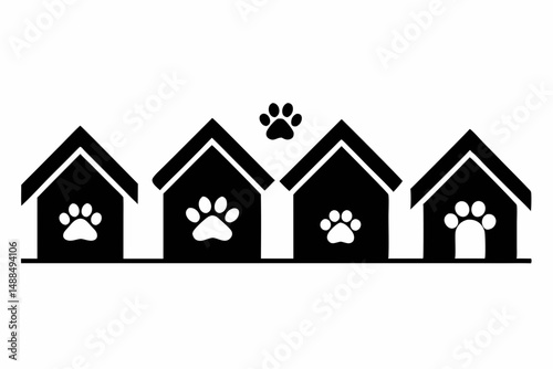 Four Dog Houses with Paw Prints Icon Row Design