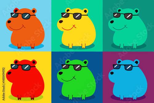 Six Cute Cartoon Hippos Wearing Sunglasses Pop Art Style