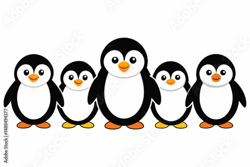 Adorable Penguin Family Group Cartoon Illustration