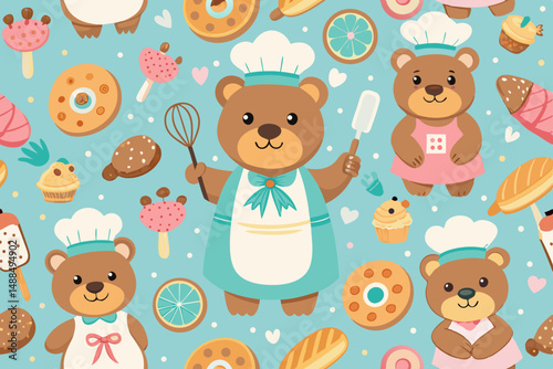 Adorable Baker Bears and Sweet Treats Seamless Pattern