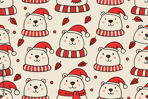 Adorable Polar Bears Wearing Santa Hats and Scarves Festive Winter Pattern