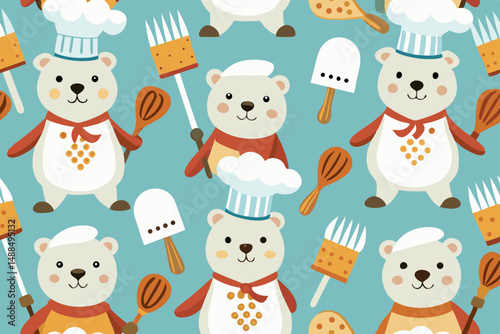 Adorable Polar Bear Chefs Baking Seamless Pattern