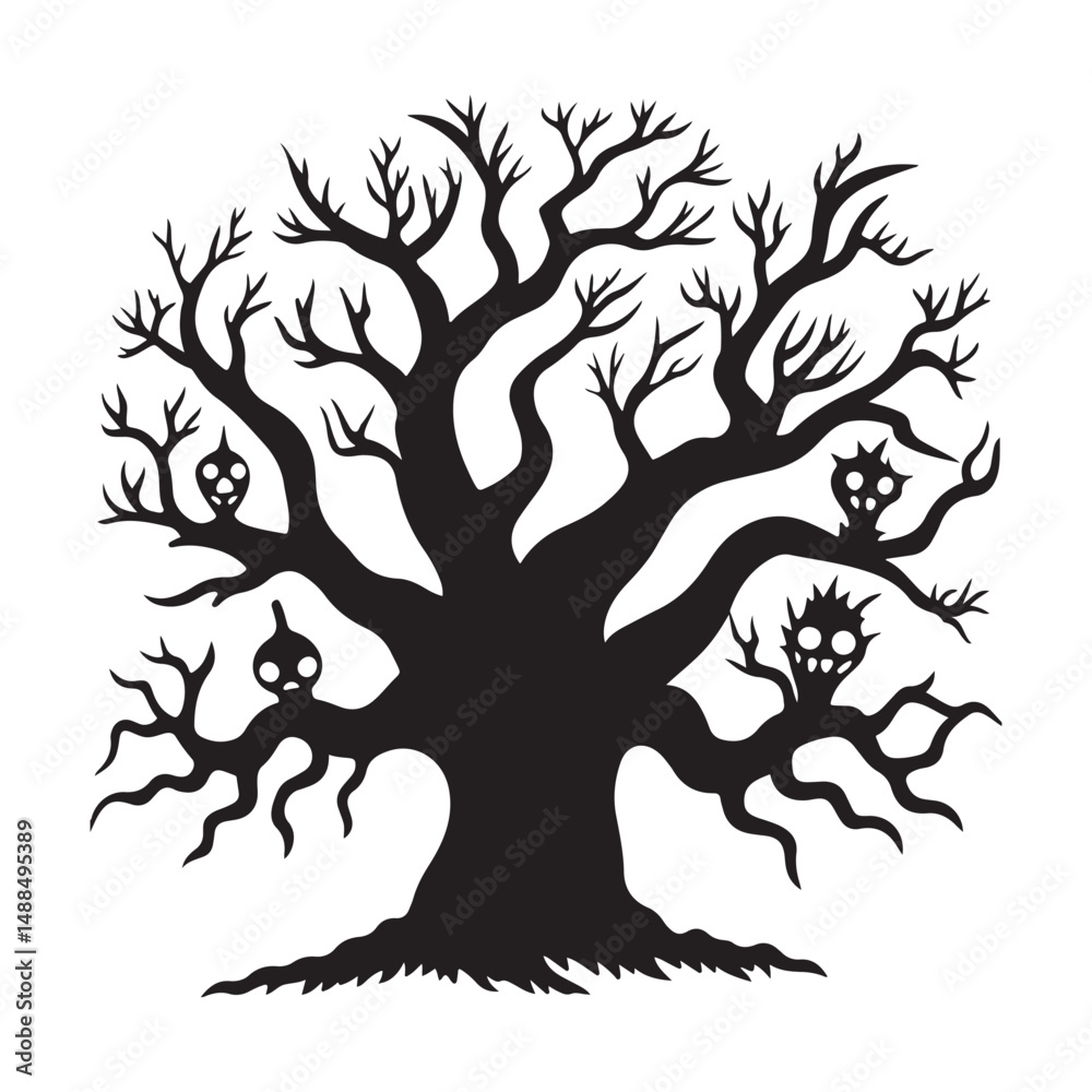 Naklejka premium Spooky haunted tree illustrations evil Halloween vector
