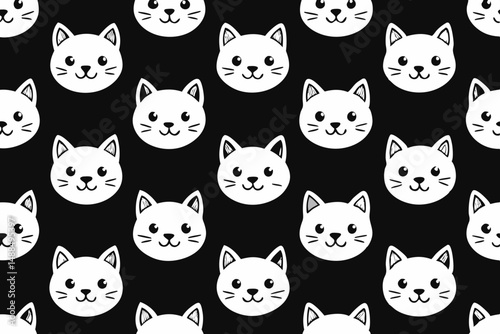 Seamless Pattern of Cute Cartoon Cat Faces on Black Background