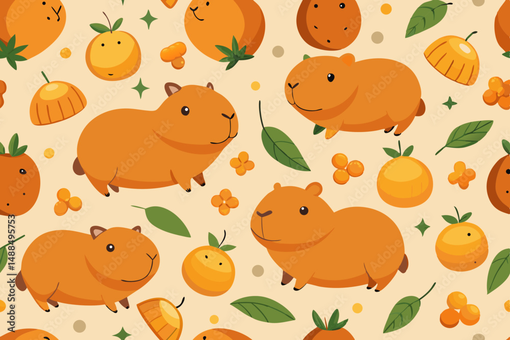 Fototapeta premium Cute Capybaras and Oranges Seamless Pattern