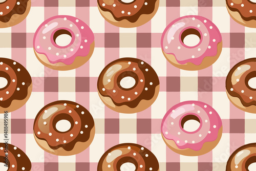 Delicious Chocolate and Pink Glazed Donuts on Gingham Tablecloth