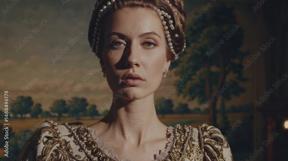 Femme noble en robe Renaissance avec regard intense, portrait stylisé dans un décor classique

