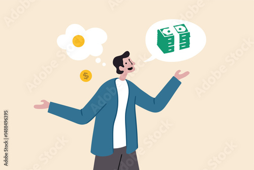Exaggeration lying about investment profit, income or financial scam, extreme politics story, trap or pitfall concept, businessman liar talk about big profit while think of small money in reality.