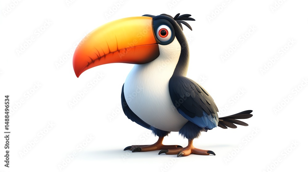 Naklejka premium A vibrant and playful cartoon toucan with a large orange beak and striking black feathers, perfect for children's illustrations or educational materials about wildlife.