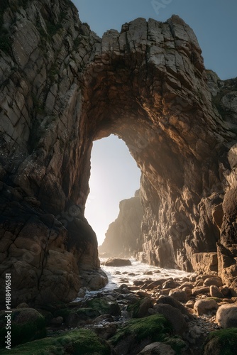 Majestic Rock Arch along the Rugged Coastal Shoreline at Sunset