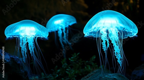 environment bioluminescent jellyfish illuminating a deep sea