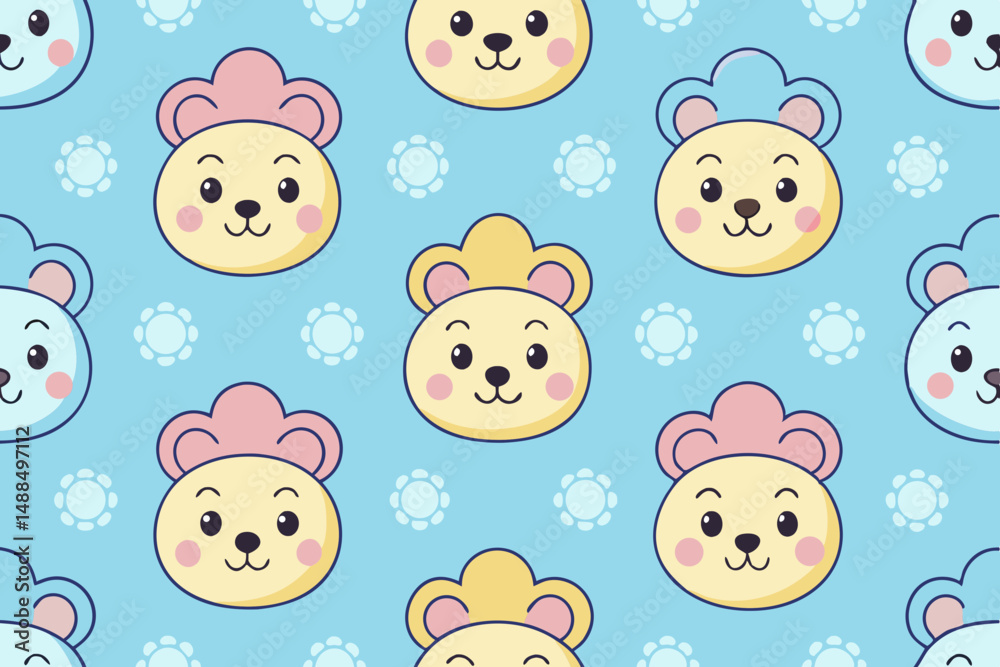 Fototapeta premium Adorable Cartoon Bear Faces Seamless Pattern for Kids