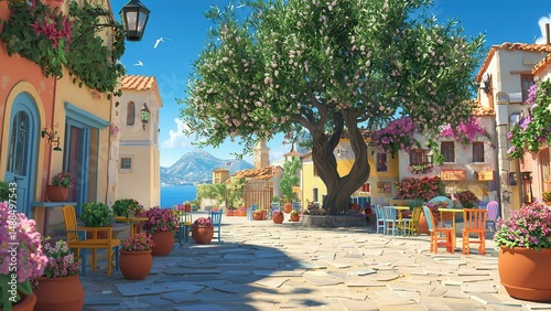 Charming Mediterranean Village Streetscape with Vibrant Bougainvillea and Outdoor Cafe Seating, Sunny Day.