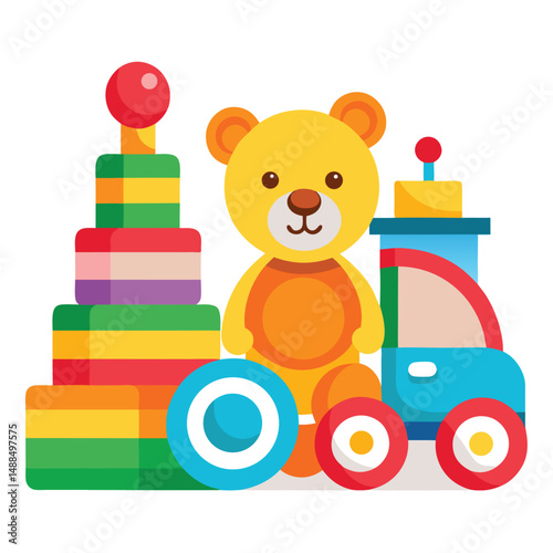 a collection of colorful children's toys, including a teddy bear, truck, stacking rings, and a small train
  on white background