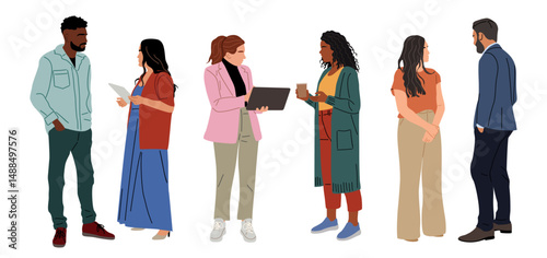 Different business team members standing, talking, communicating, taking part in business activities, meeting, brainstorming, coffee break. Multiracial people vector illustrations isolated.