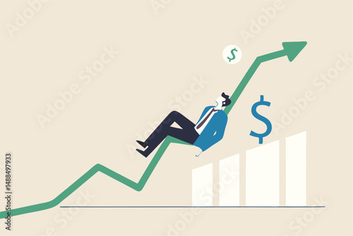 Success investment earn more profit or easy growing return mutual fund, make money from cryptocurrency trading or dream about being rich concept, businessman investor relax and sleep on growing graph.