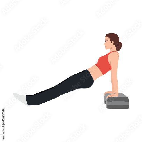 Determined woman performs a tricep dip using a step platform, Strength and dedication to fitness. Flat vector illustration isolated on white background