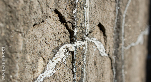 Abstract texture design efflorescence on brick wall close up view masonry construction building material deterioration problem repair needed
