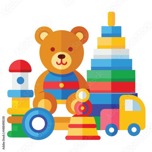 a collection of colorful children's toys, including a teddy bear, truck, stacking rings, and a small train
  on white background