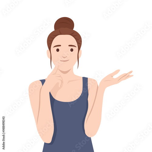 Woman in deep thought, pointing to her chin while holding her other hand up inquisitively. Flat vector illustration isolated on white background