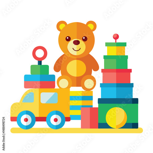 a collection of colorful children's toys, including a teddy bear, truck, stacking rings, and a small train
  on white background