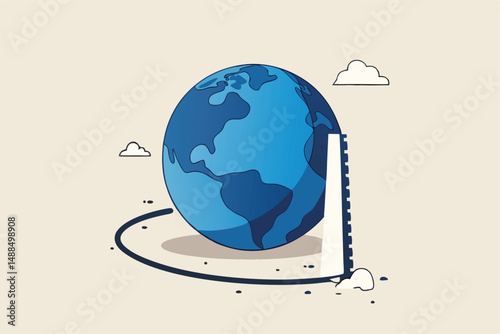 World economic crisis from war and geopolitical problem or threats, climate change or global warming destroying world concept, sawing globe to fall from the floor metaphor of danger and threats.