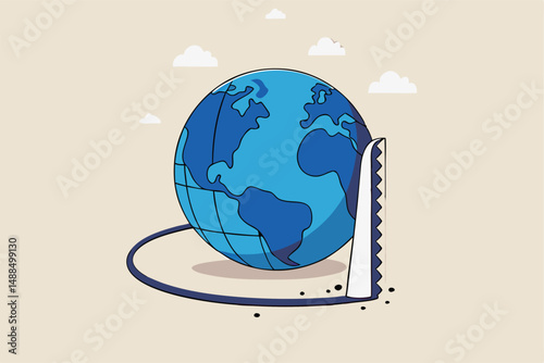 World economic crisis from war and geopolitical problem or threats, climate change or global warming destroying world concept, sawing globe to fall from the floor metaphor of danger and threats.
