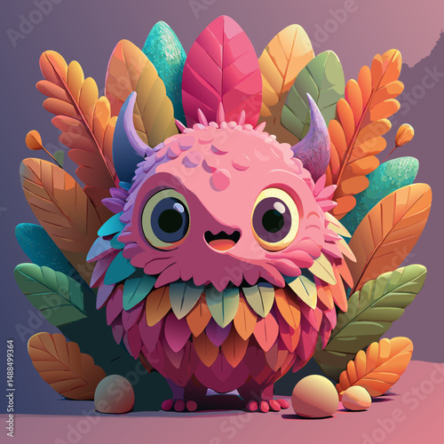 Adorable Pink Monster Surrounded by Colorful Leaves