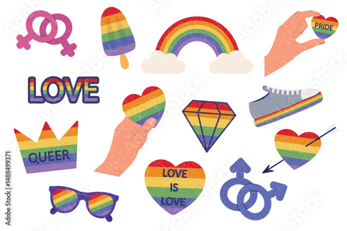 LGBTQ sticker set. LGBT pride symbol. Rainbow elements on white background. Vector clipart