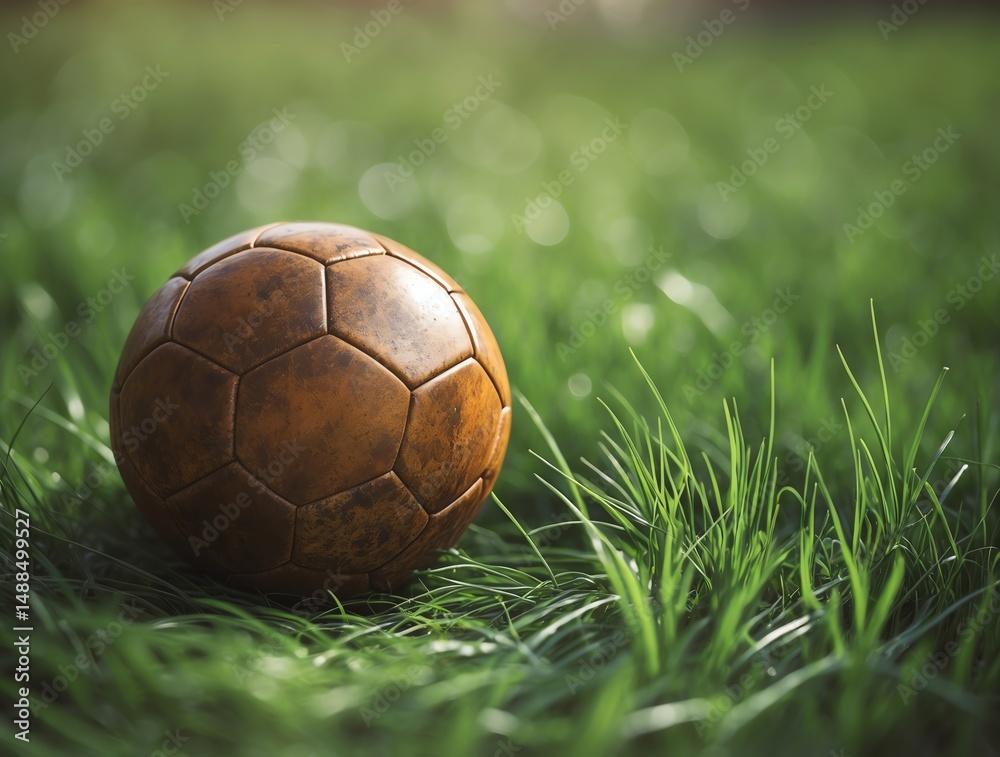 Fototapeta premium Vintage Soccer Ball Resting on Green Grass in the Sun