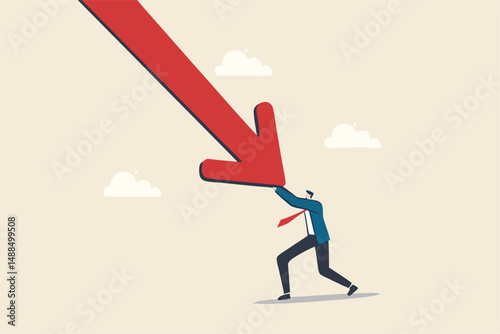 Resilience to survive investment crash, crisis or recession, pushing back or effort to win business challenge, economic recession concept, businessman pushing falling down arrow with full effort.