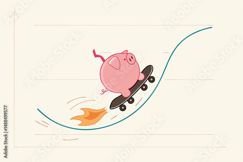 Stock market rebound, make profit from investment or growing wealth, get rich or financial success savings concept, happy pink piggy bank savings riding fast skateboard on investment rising up graph.