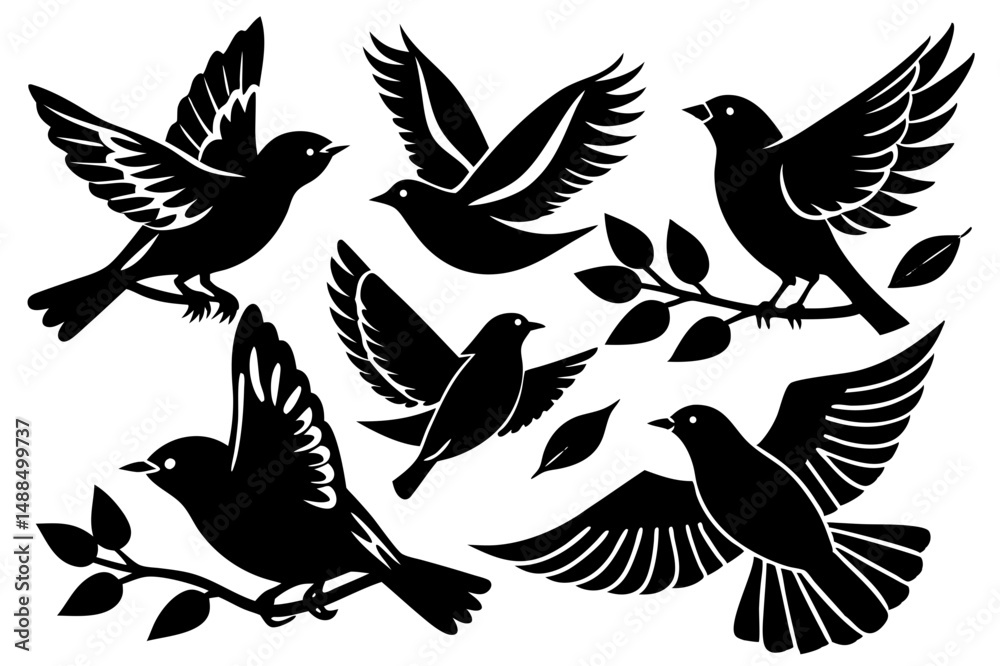 Obraz premium Collection of Six Black Silhouette Birds in Flight and on Branches