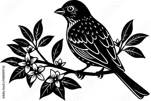 Black and White Silhouette of a Bird on a Flowering Branch