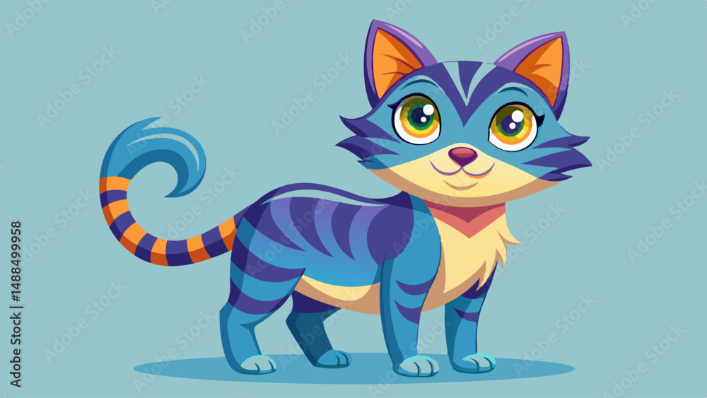 Fototapeta premium Adorable Cartoon Cat with Blue and Orange Stripes