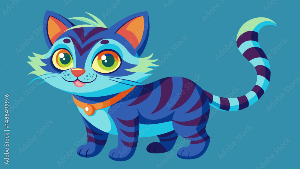 Fototapeta premium Adorable Cartoon Blue Striped Kitten Wearing Collar