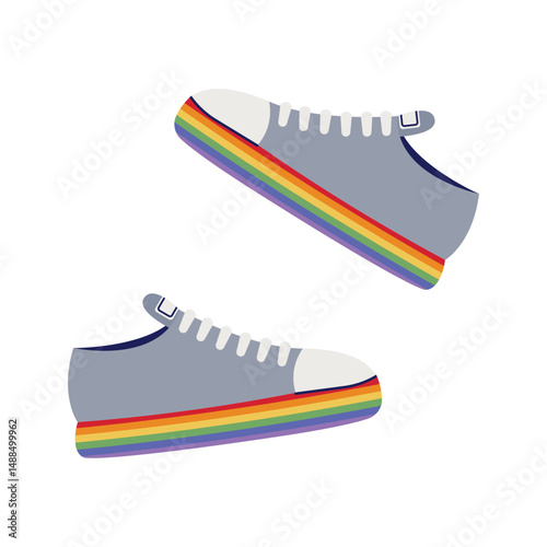 Sneakers with rainbow soles. LGBT stickers. Pride month. Hand drawing. Vector illustration