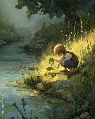 A young boy gently holds a frog by a tranquil river, bathed in the warm glow of sunlight.