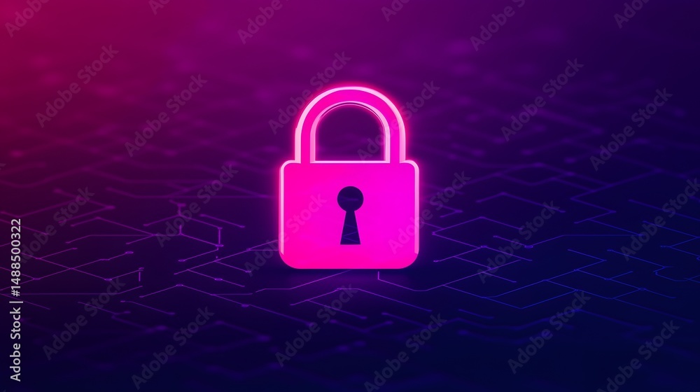 Fototapeta premium A glowing pink padlock icon symbolizes digital security and protection on a dark, abstract technological background.