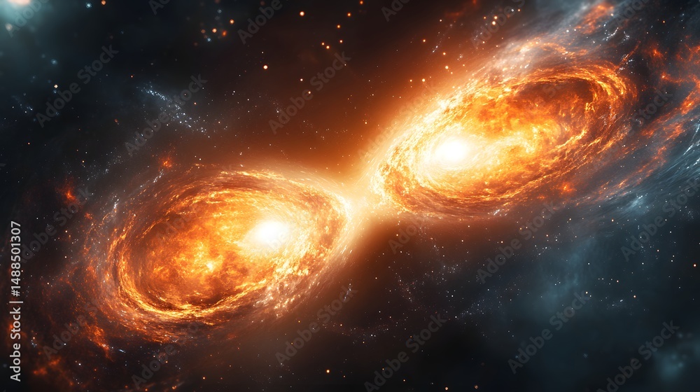Witness the cosmic dance of merging galaxies! Bright orange and yellow hues illuminate swirling shapes as they unite, connected by a radiant bridge of light and gas. Astronomy and Galaxy backgrounds Witness the cosmic dance of merging galaxies! Bright orange and yellow hues illuminate swirling shapes as they unite, connected by a radiant bridge of light and gas. Astronomy and Galaxy backgrounds