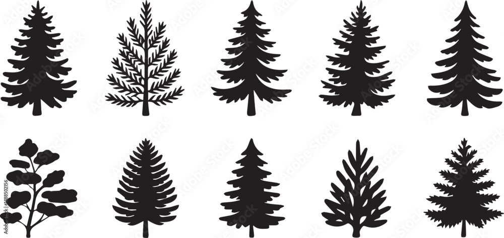 Fototapeta premium Collection of Ten Black and White Tree Silhouettes