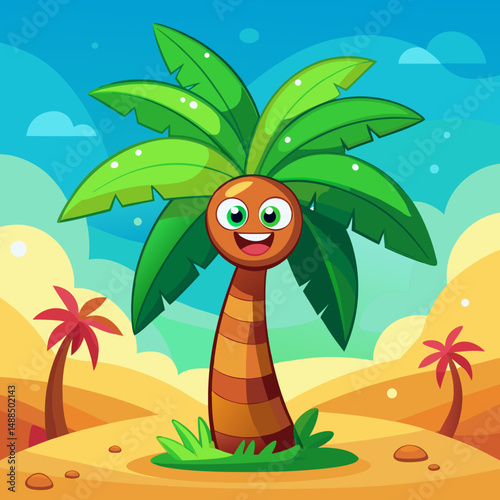 Happy Cartoon Palm Tree in Desert Landscape Illustration
