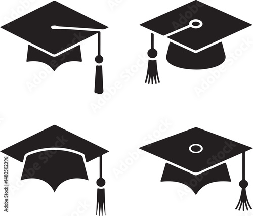 Graduation Cap Icons Set Black Silhouette