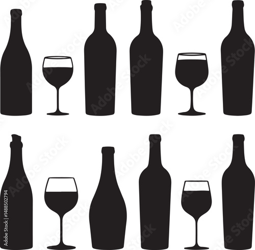 Wine Bottle and Glass Silhouettes Collection