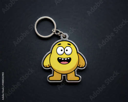 Cheerful Yellow Cartoon Monster Keychain on Dark Background