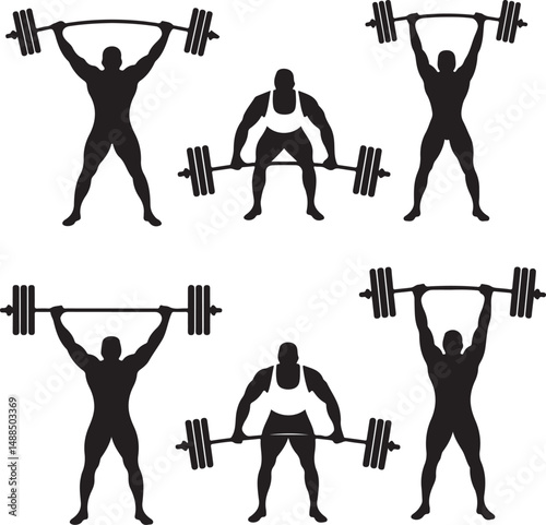 Silhouette Weightlifting Poses Overhead Press, Deadlift, and Squat