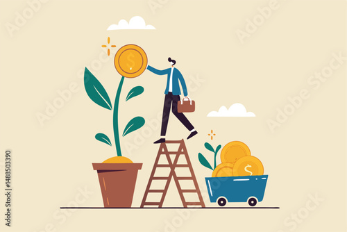 Harvest money from investment profit or earning, growing wealth or stock market prosperity, economic boom, savings or investing concept, businessman harvesting dollar coin from growing money tree.