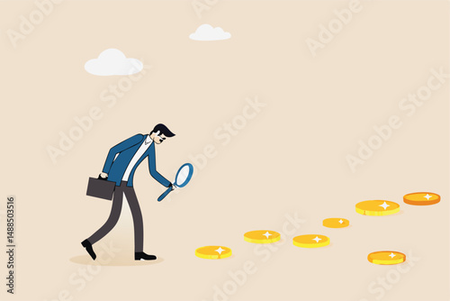 Searching for investment opportunity, financial success or salary raise, inspect way to make profit and earning concept, curios businessman with magnifier inspect and follow money coins trail.