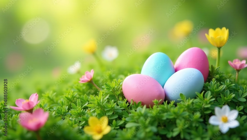 Pastel eggs nestled in spring flowers, vibrant green grass , vibrant, festive, religious Pastel eggs nestled in spring flowers, vibrant green grass , vibrant, festive, religious